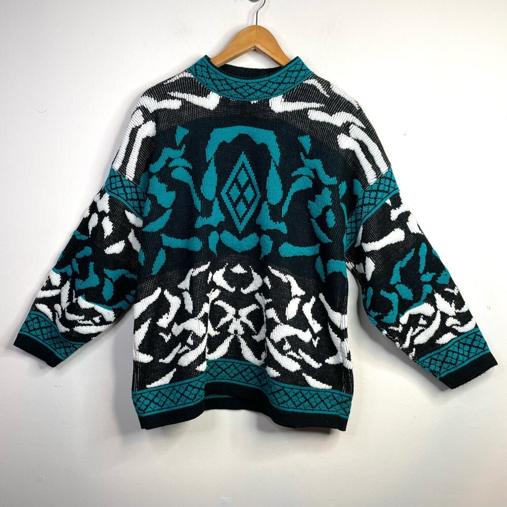 Vintage 80s 90s Slouchy Baggy Mock Neck pattern Sweater Black teal Women S